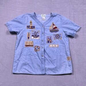 The Quacker Factory Women's Denim Shirt Lighthouse Sailboat‎ Applique Size Large